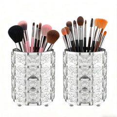LUGUNU makeup brush holder with silver crystal bling viewed from vanity front showing organized routine