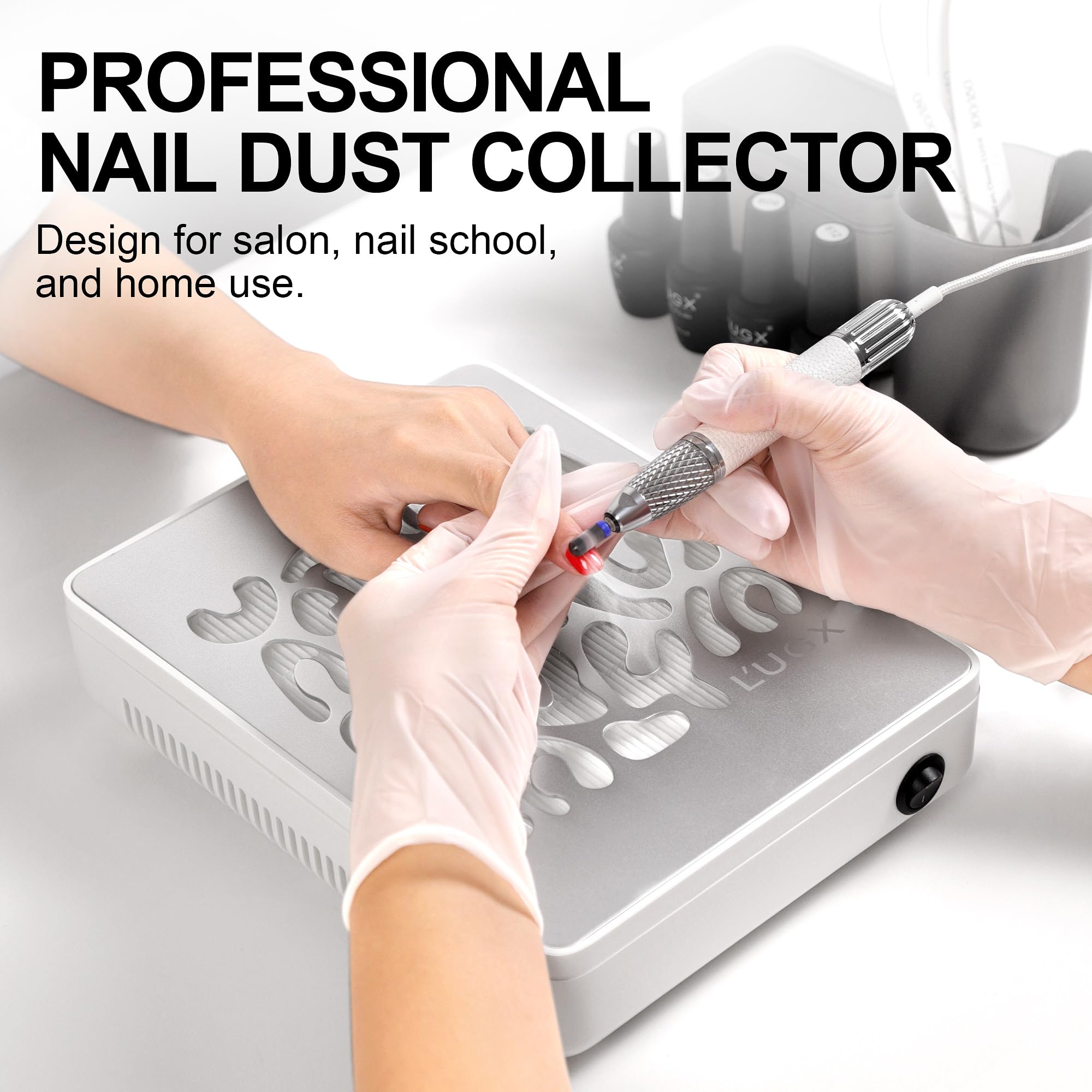 L'UGX Nail Dust Collector motor detail highlights brushless turbo performance and efficiency.