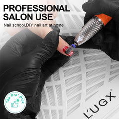 L'UGX nail dust collector side angle showing compact portability for home salons.
