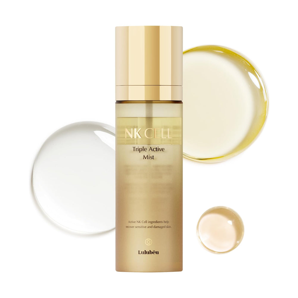 LULUBEU Triple Active Mist bottle front shows radiant hydration for dewy skin.