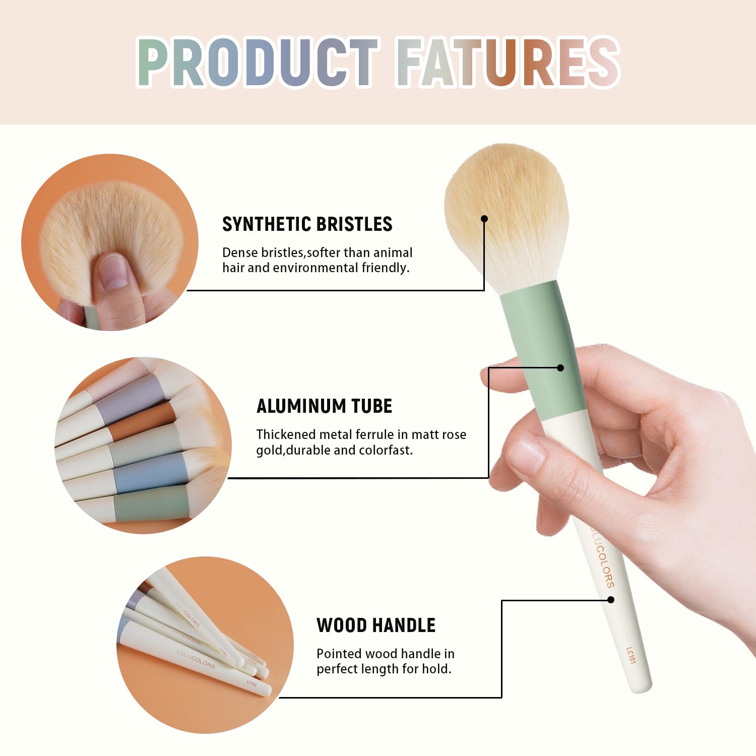 LULUCOLORS Colorful Series eye brushes close-up highlights precise control for definition.