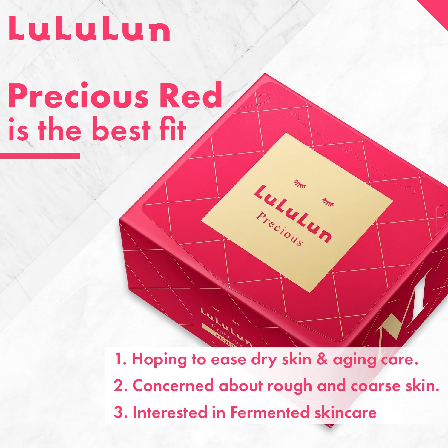 lululun Precious Red sheet-mask closeup highlights hydration and moisture lock