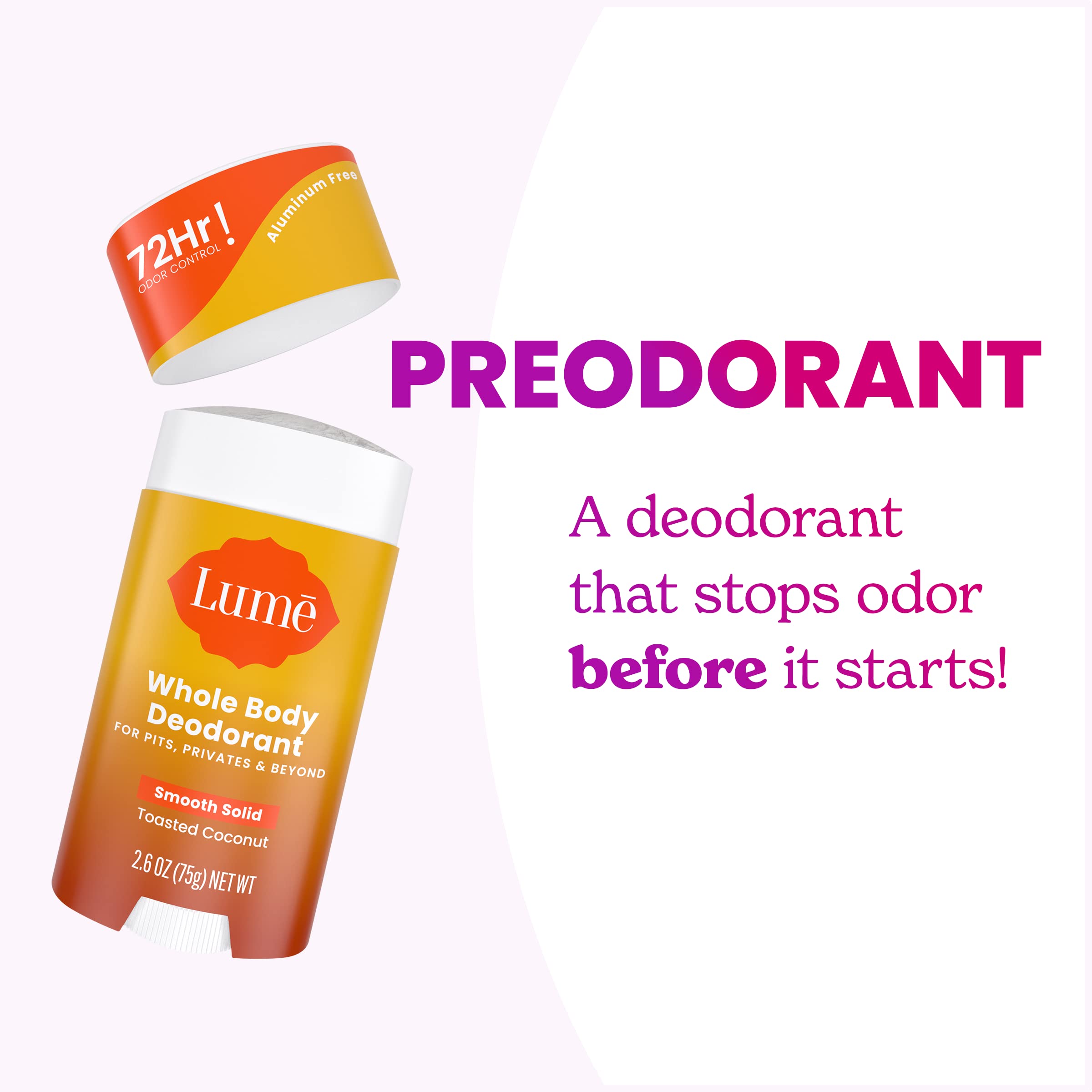 Lume 72-hour odor control graphic suggesting long-lasting freshness.