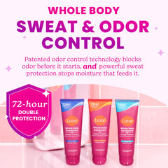 Lume unscented cream tub highlighting 72-hour odor control.