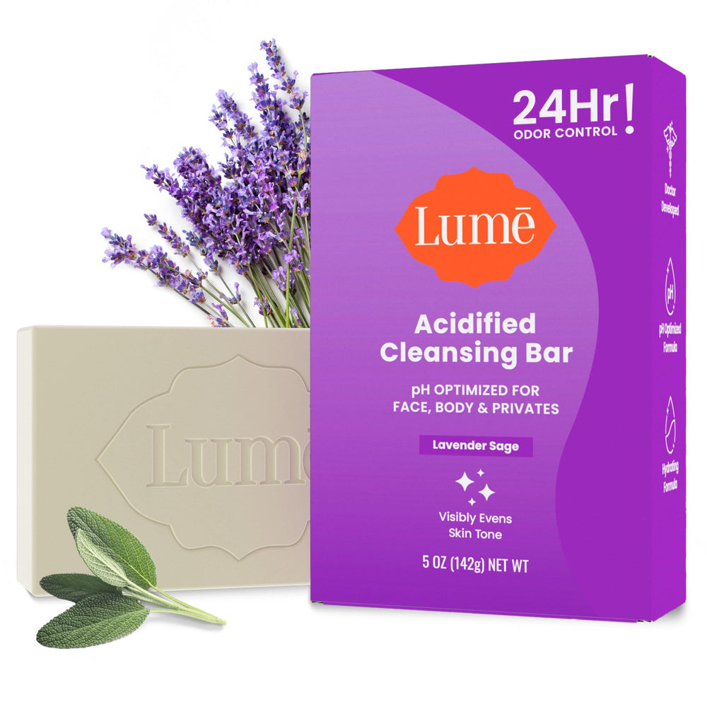 Lume Acidified Bar Lavender Sage packaging highlights odor control and clean beauty.