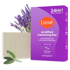 Lume Acidified Bar Lavender Sage packaging highlights odor control and clean beauty.