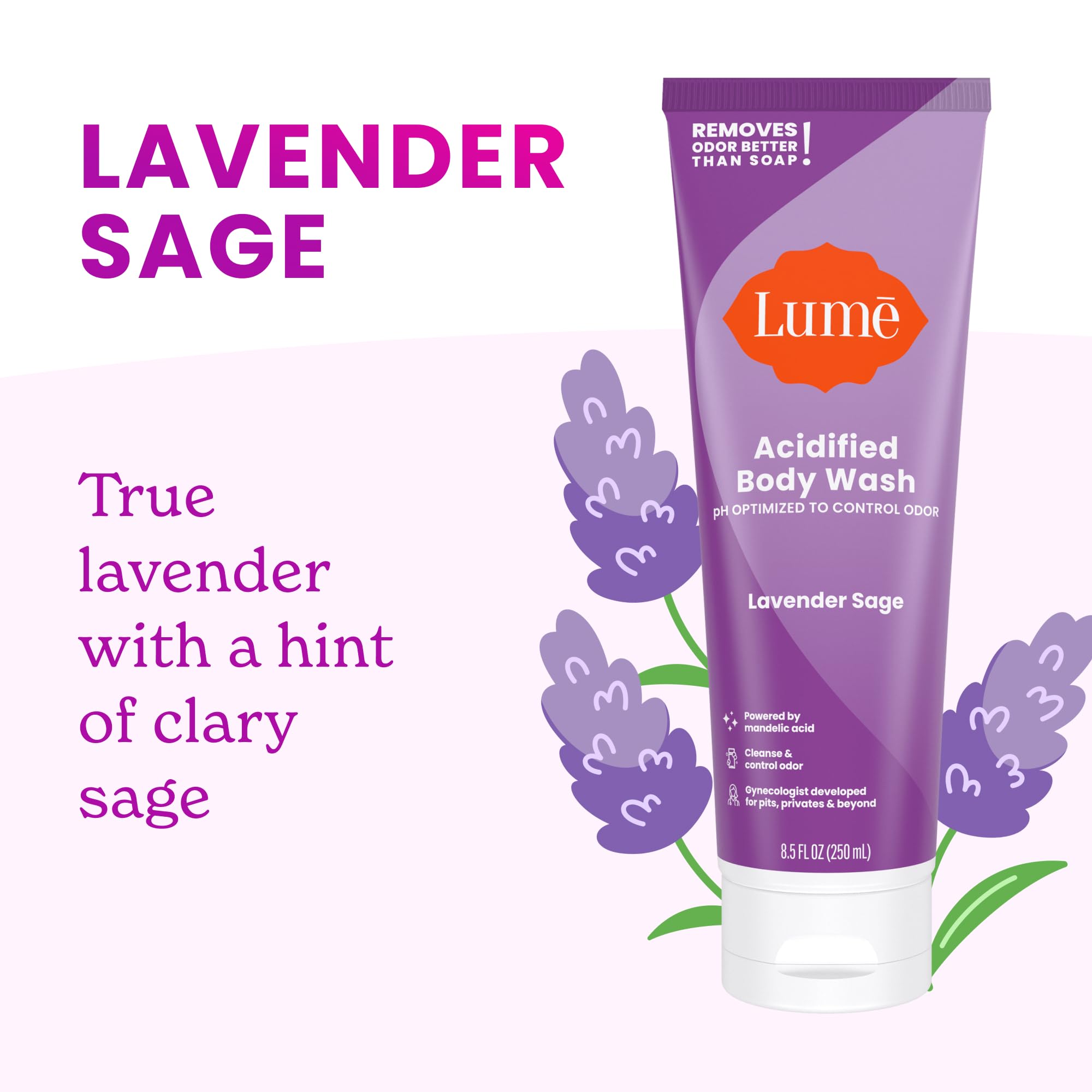 Lume Acidified Body Wash bottle angled for odor-control emphasis