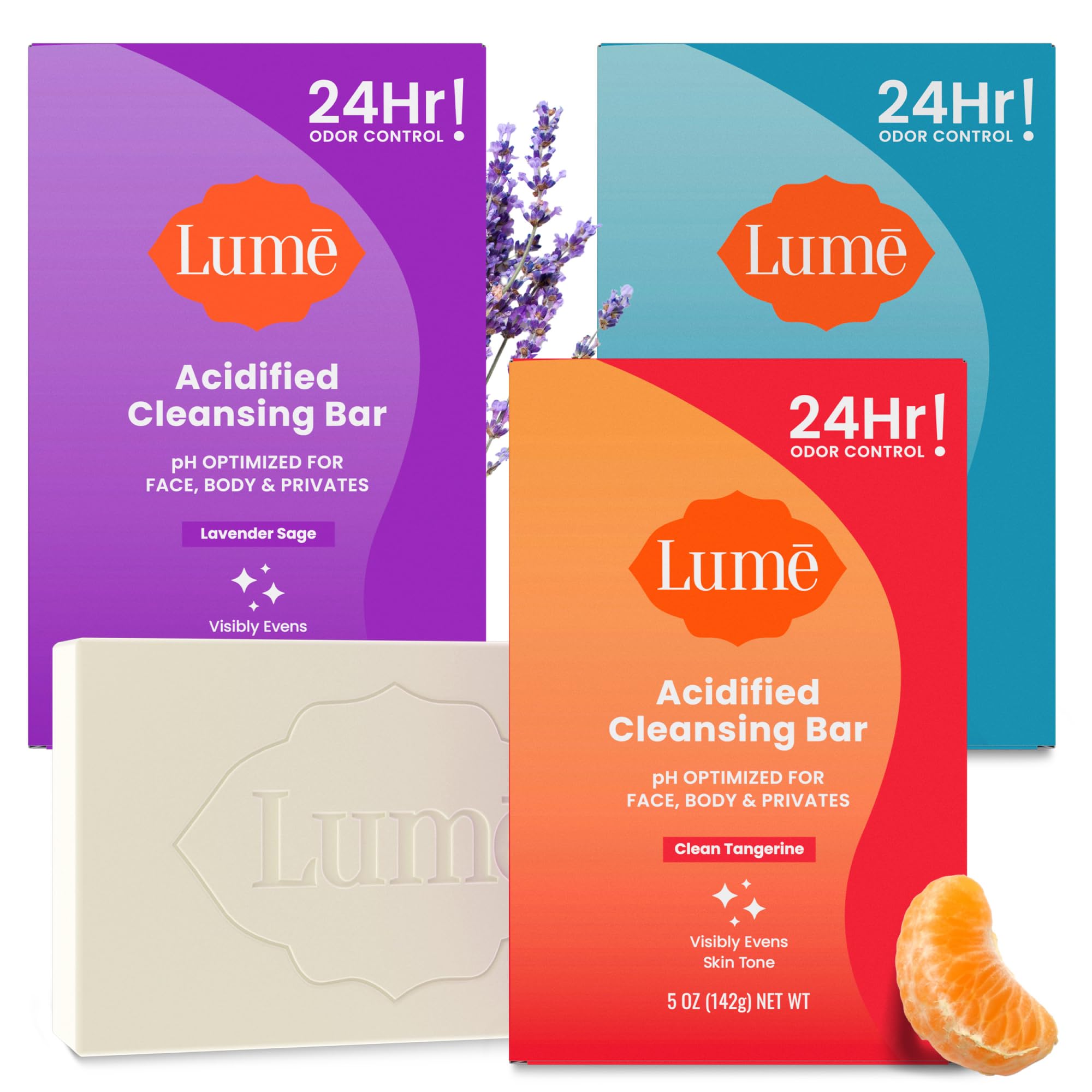 Lume Tangerine lather cleansing bar for refreshed skin and odor control after shower