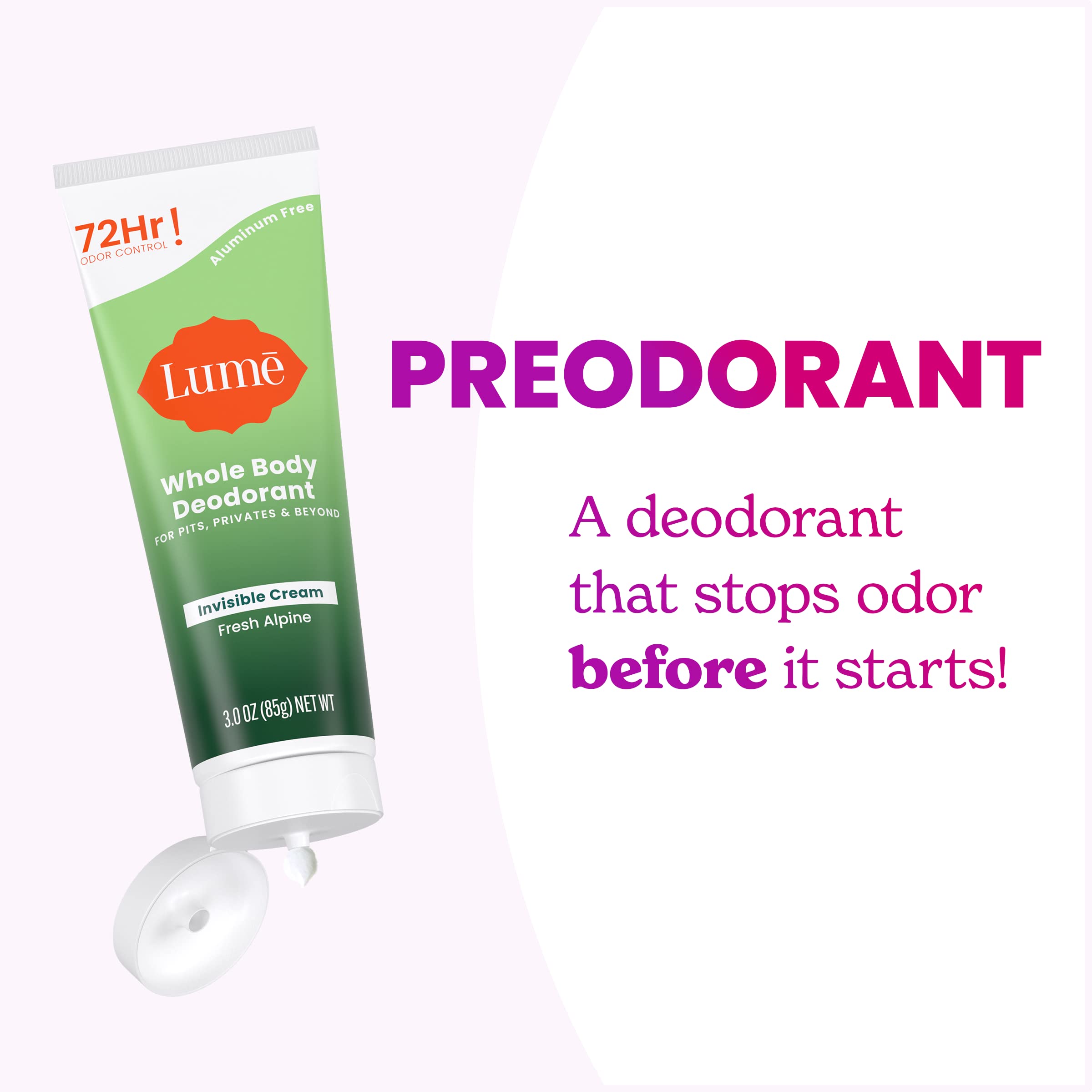 Lume aluminum-free baking-soda-free claim banner indicating skin-loving care.