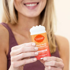 Lume aluminum-free baking-soda-free formula label emphasizes skin-safe odor control.