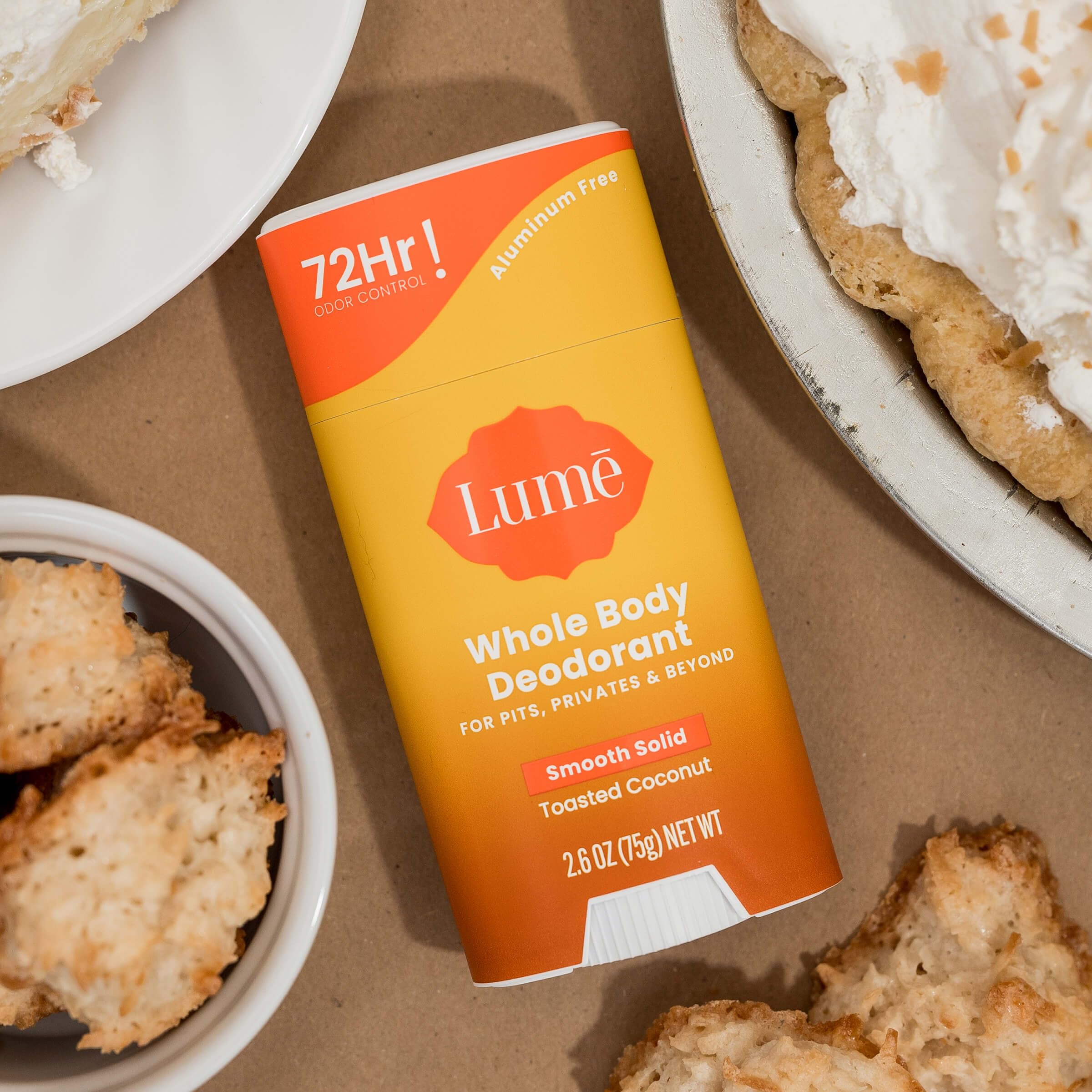 Lume aluminum-free baking-soda-free label closeup emphasizes skin-friendly formula.