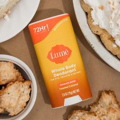 Lume aluminum-free baking-soda-free label closeup emphasizes skin-friendly formula.