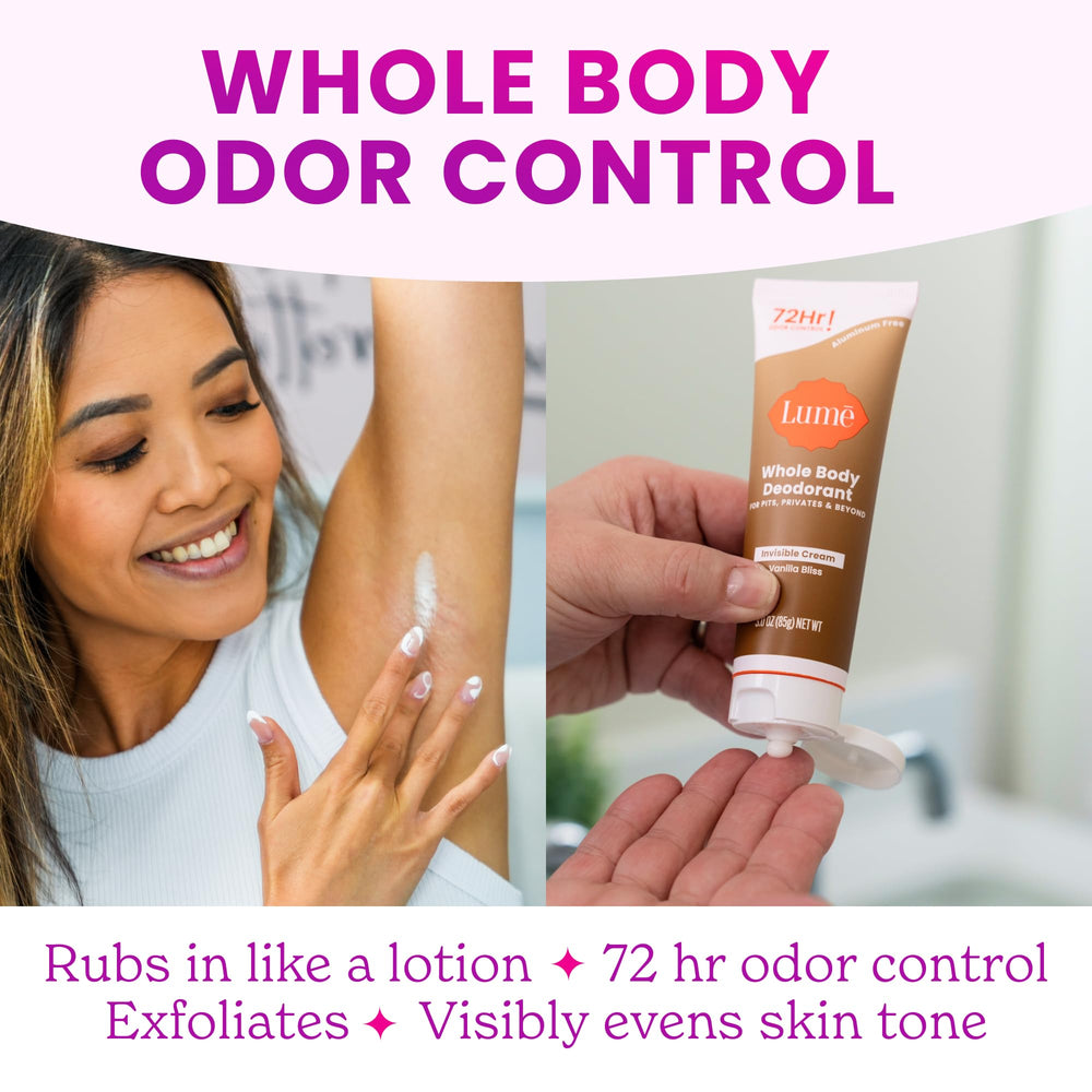 Lume aluminum-free baking-soda-free label guarantees skin-friendly composition.