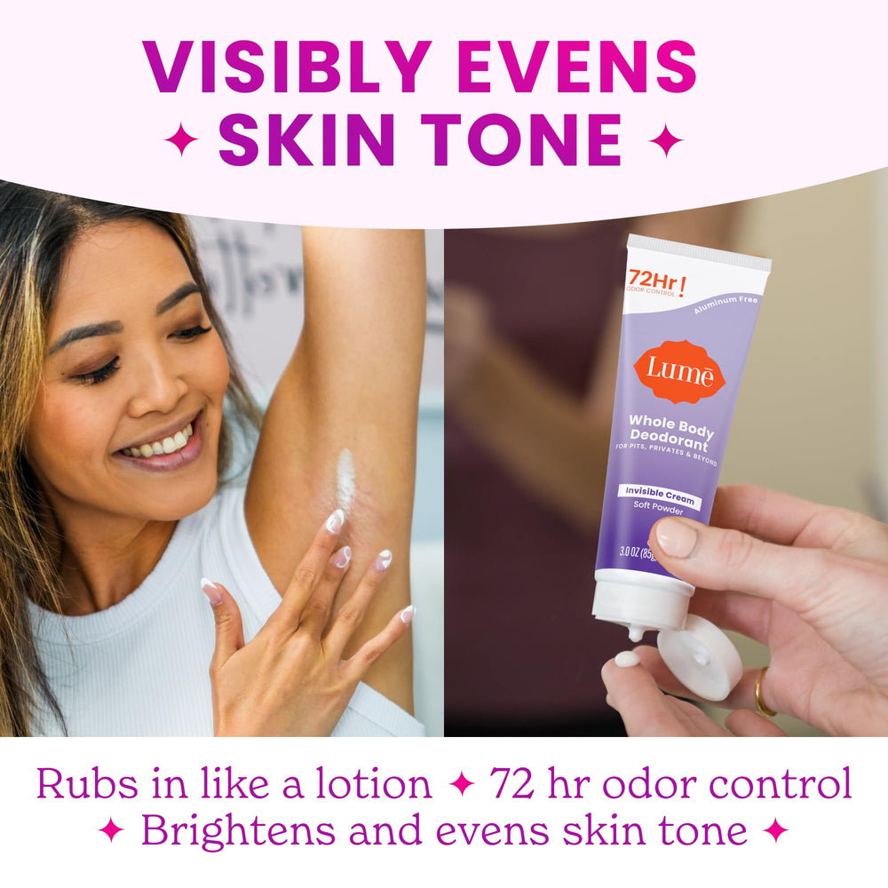 Lume aluminum-free and baking soda-free label emphasizing skin safety.