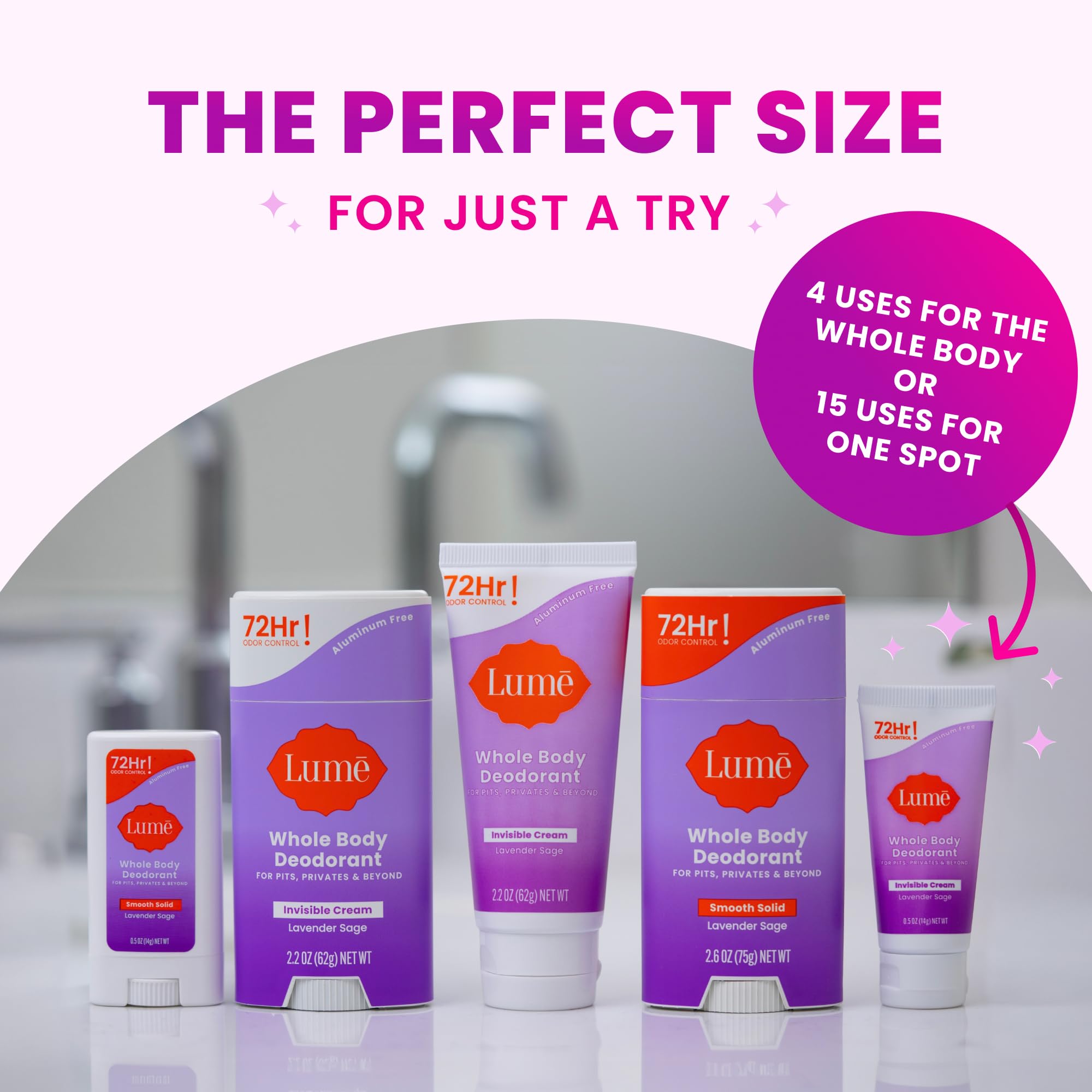 Lume aluminum-free baking-soda-free label communicates clean, gentle product messaging.