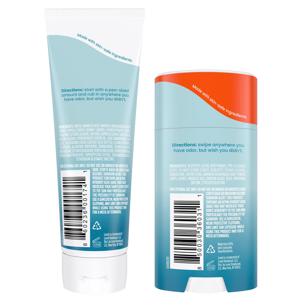 Lume aluminum-free and baking soda-free formula supports sensitive skin.