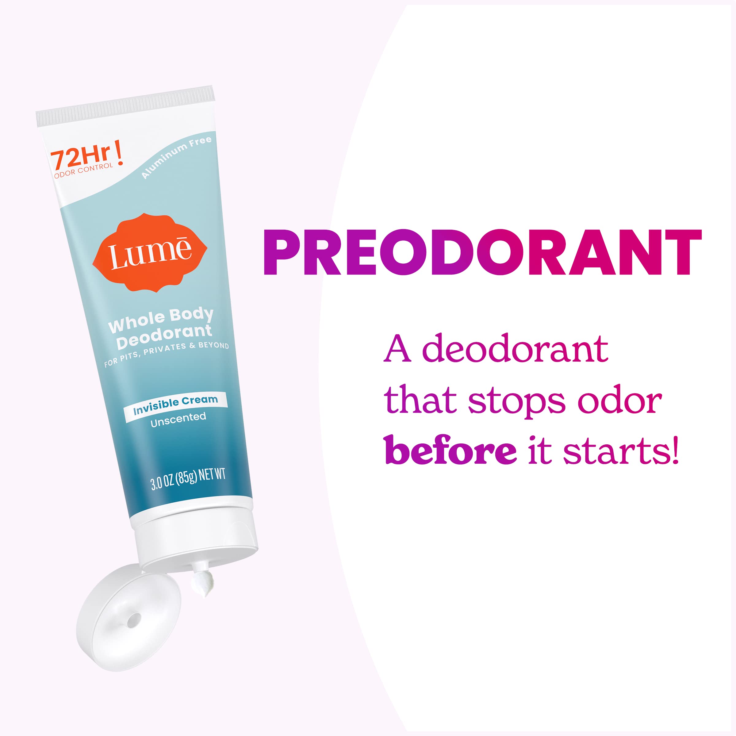 Lume aluminum-free, skin-safe formula highlighted on skin surface.