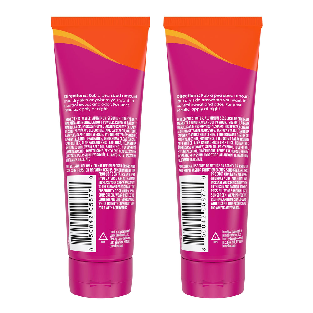 Lume baking soda free skin-loving formula shown as safe for sensitive areas.
