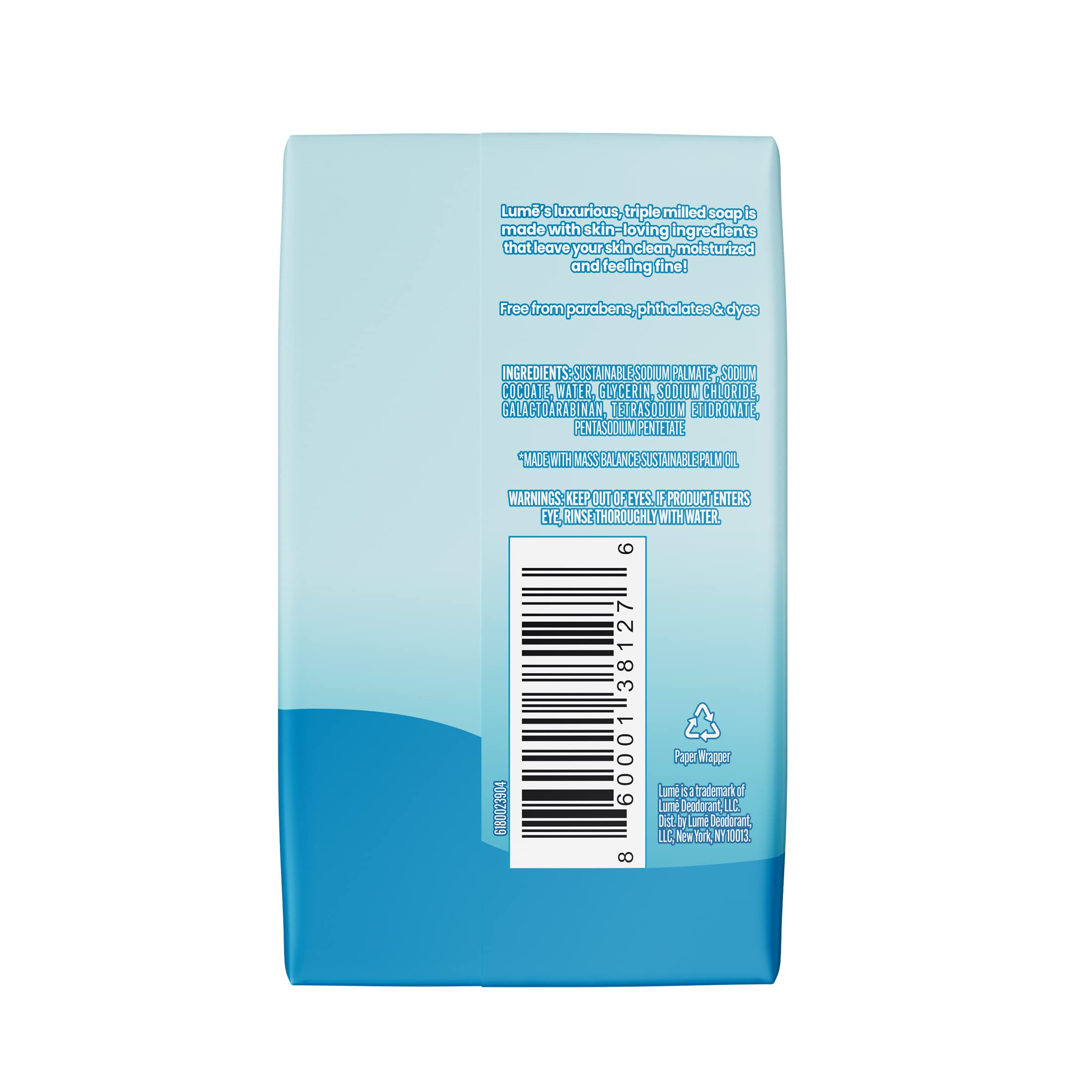 Lume bar soap skin-safe formula with phthalate-free, paraben-free care.