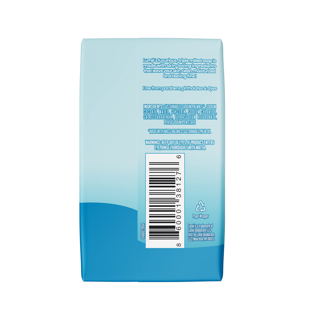 Lume bar soap skin-safe formula with phthalate-free, paraben-free care.