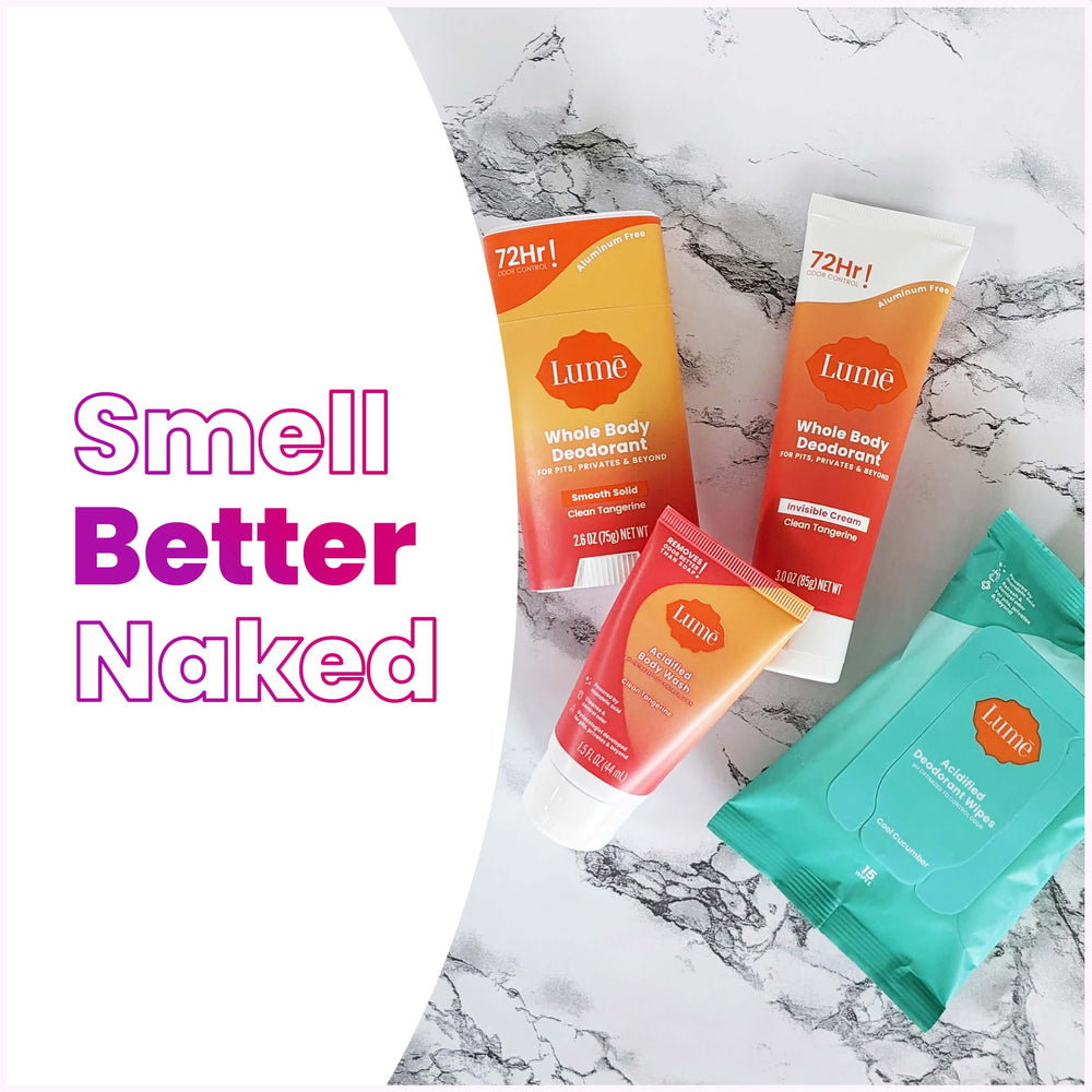 Lume body care collection on display shows complete odor-control options.