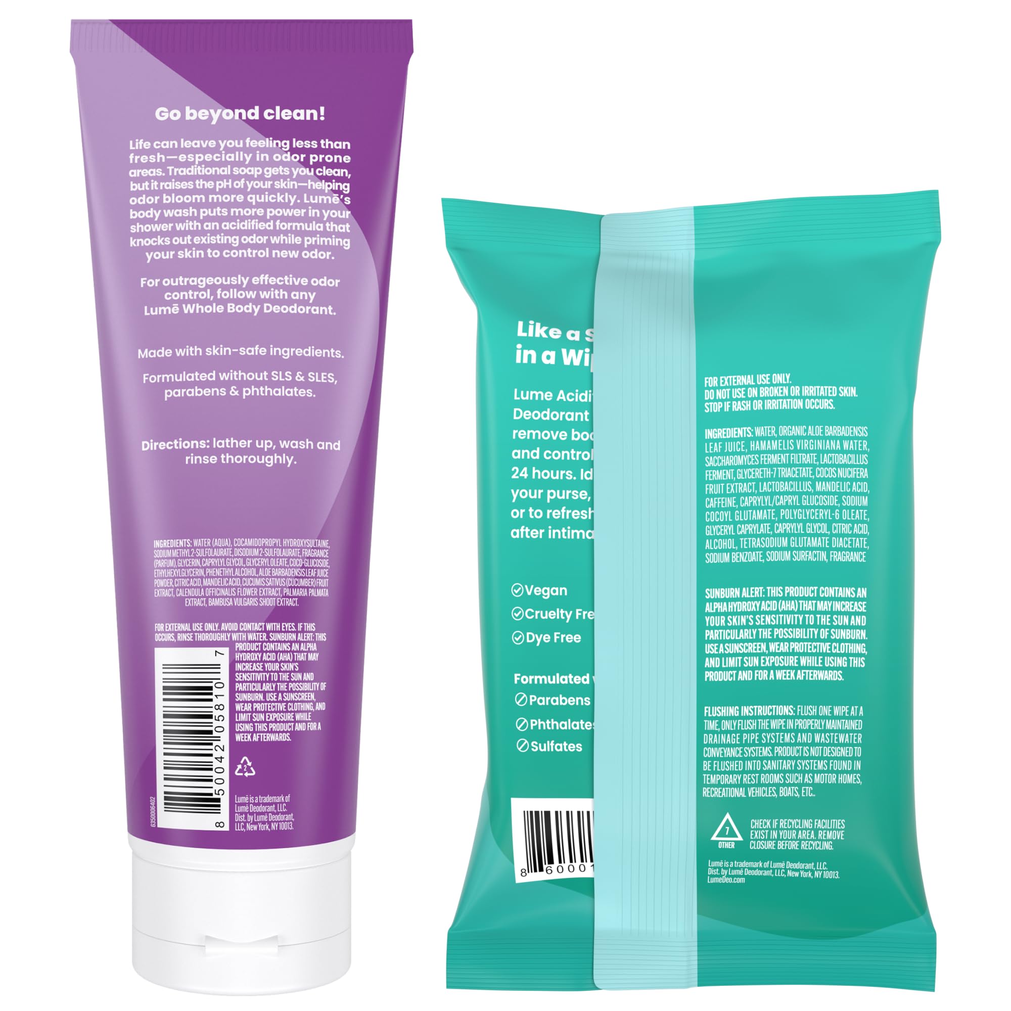 Lume Lavender Sage bottle with cucumber wipes signaling all-day freshness