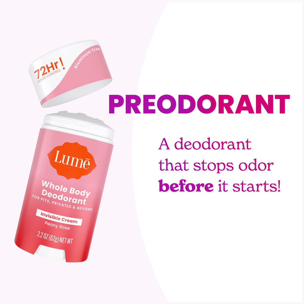 Lume aluminum-free and baking soda-free formula emphasized in design.