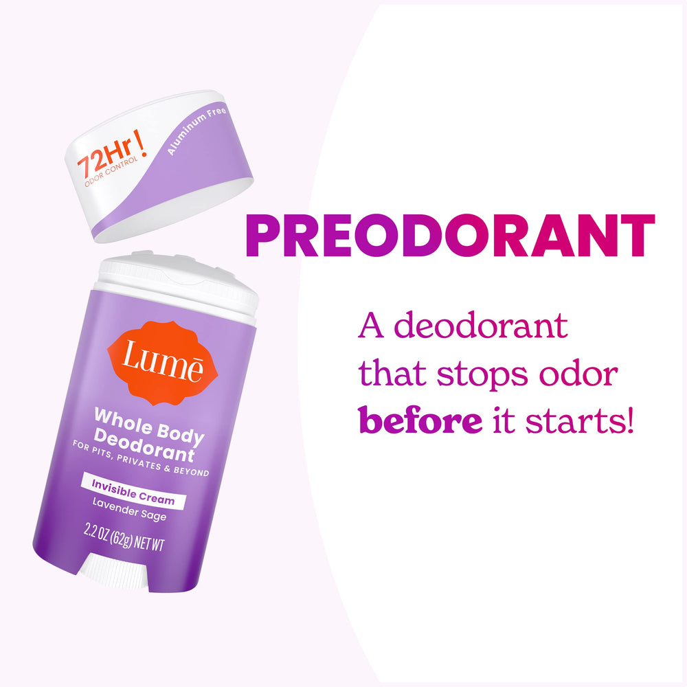 Lume Deodorant Cream Stick baking-soda-free seal visible, gentle on skin.