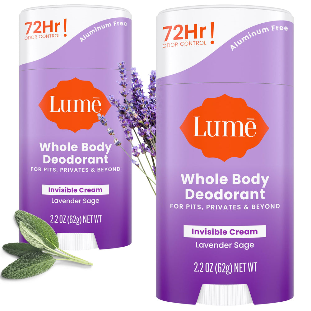 Lume Deodorant Cream Stick Lavender Sage packaging shows aluminum-free, gentle formula for sensitive skin.