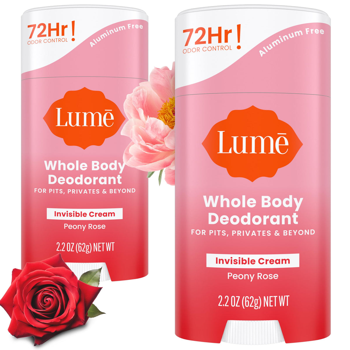 Lume Deodorant Cream Stick packaging shows a two-pack for all-day odor control.