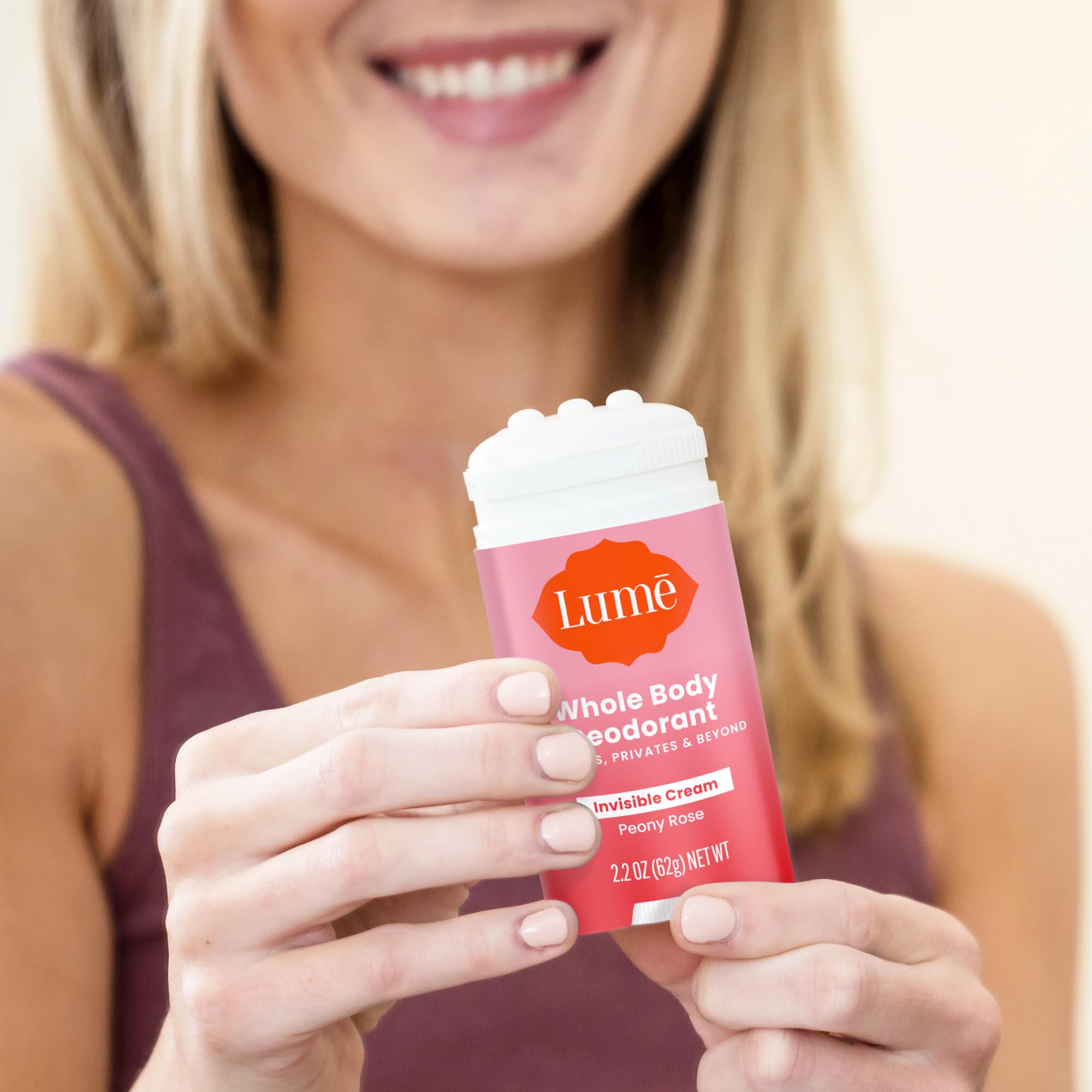 Lume Deodorant Cream Stick private parts application shows gentle, baking soda-free formula.