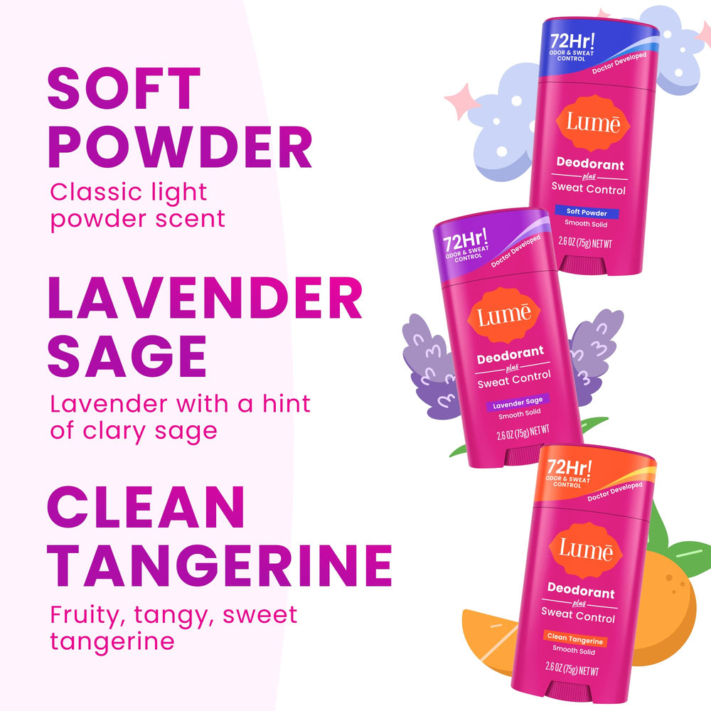 Lume Deodorant Plus Sweat Control clean tangerine scent adds bright citrus freshness.