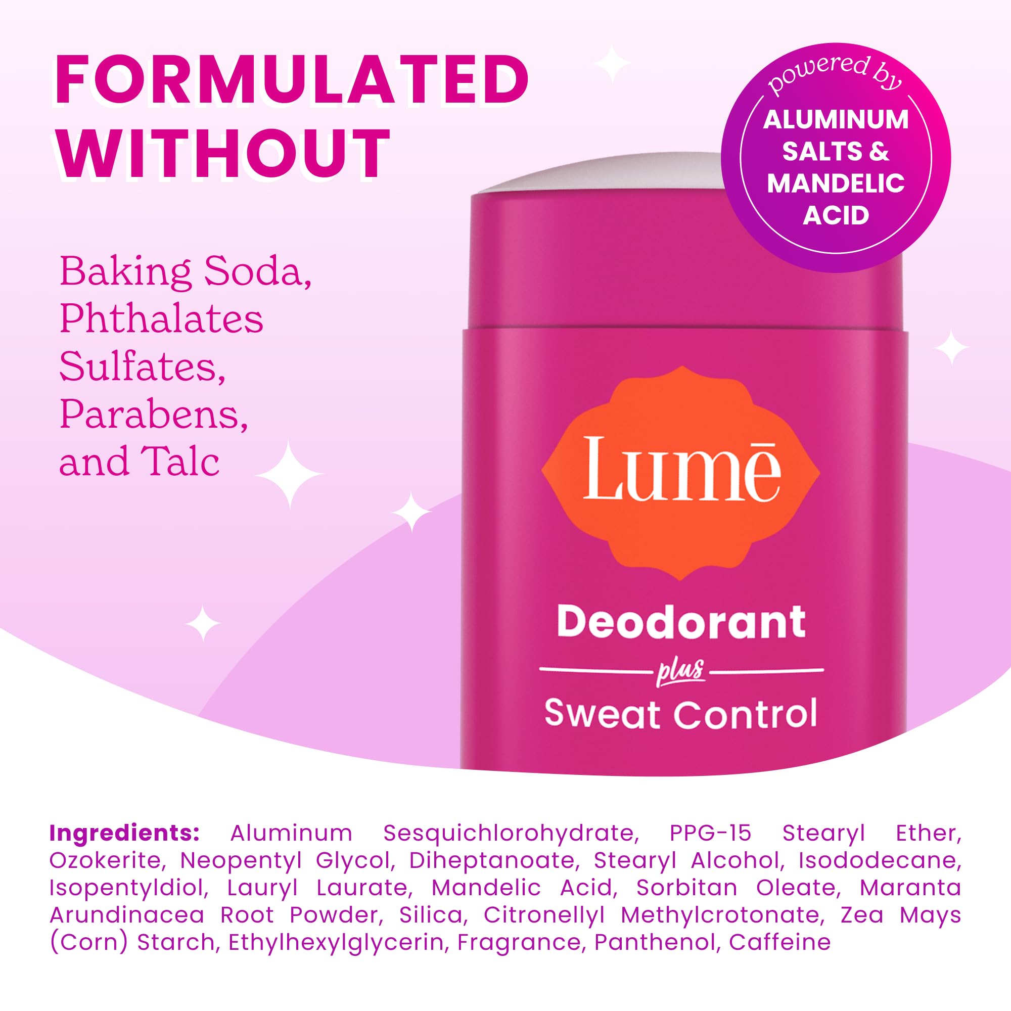 Lume Deodorant Plus skin-loving formula shown, hypoallergenic and gentle for sensitive skin.