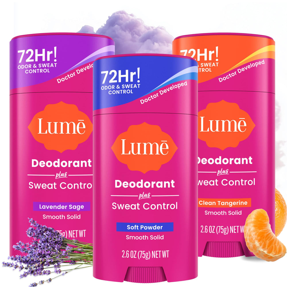Lume Deodorant Plus Sweat Control smooth solid stick offers long-lasting odor and sweat protection.