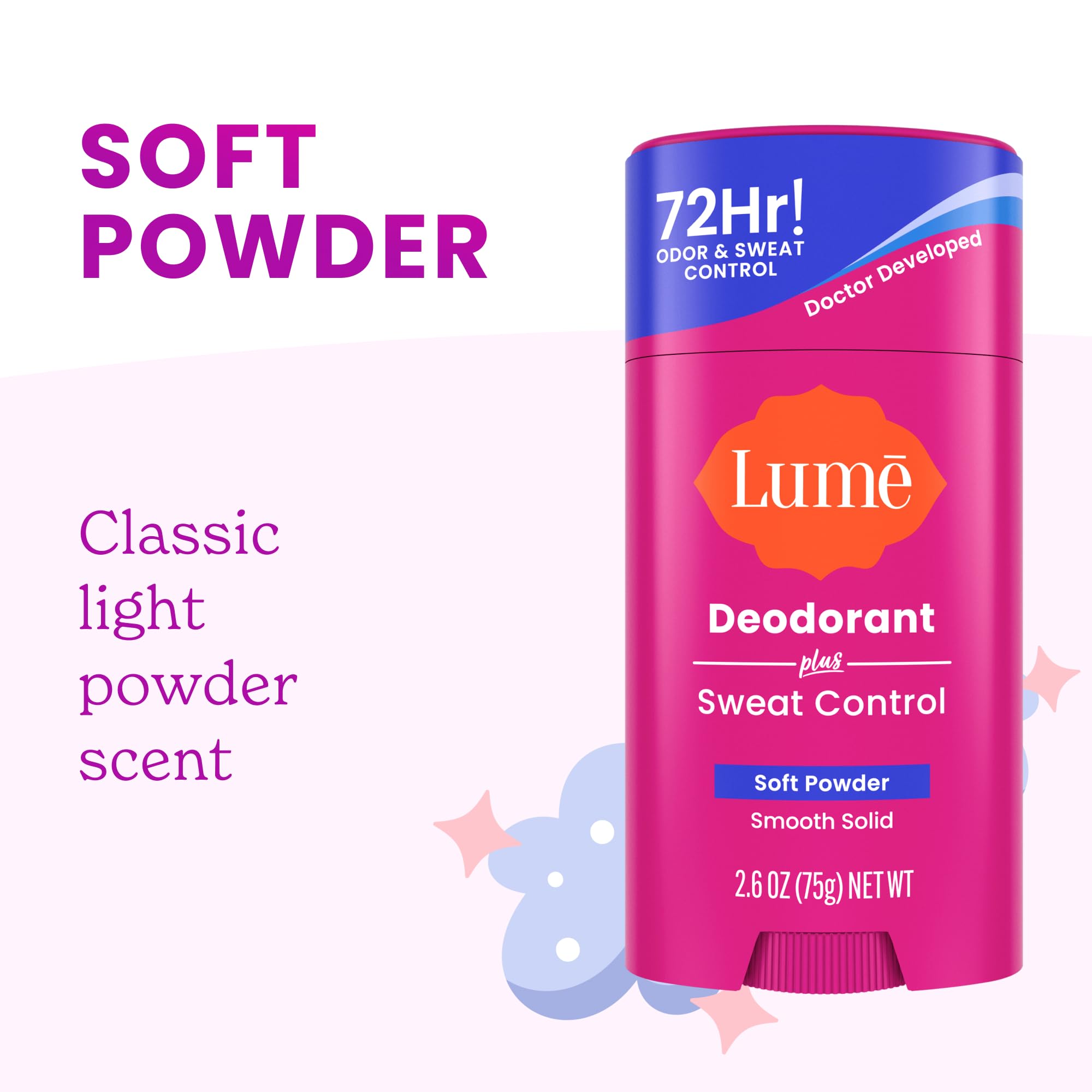 Lume Deodorant Plus soft powder scent close-up conveys luxurious, clean feel.
