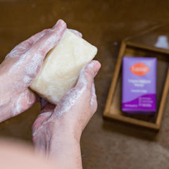 Lume deodorant Lavender Sage closeup on smooth solid stick with easy glide