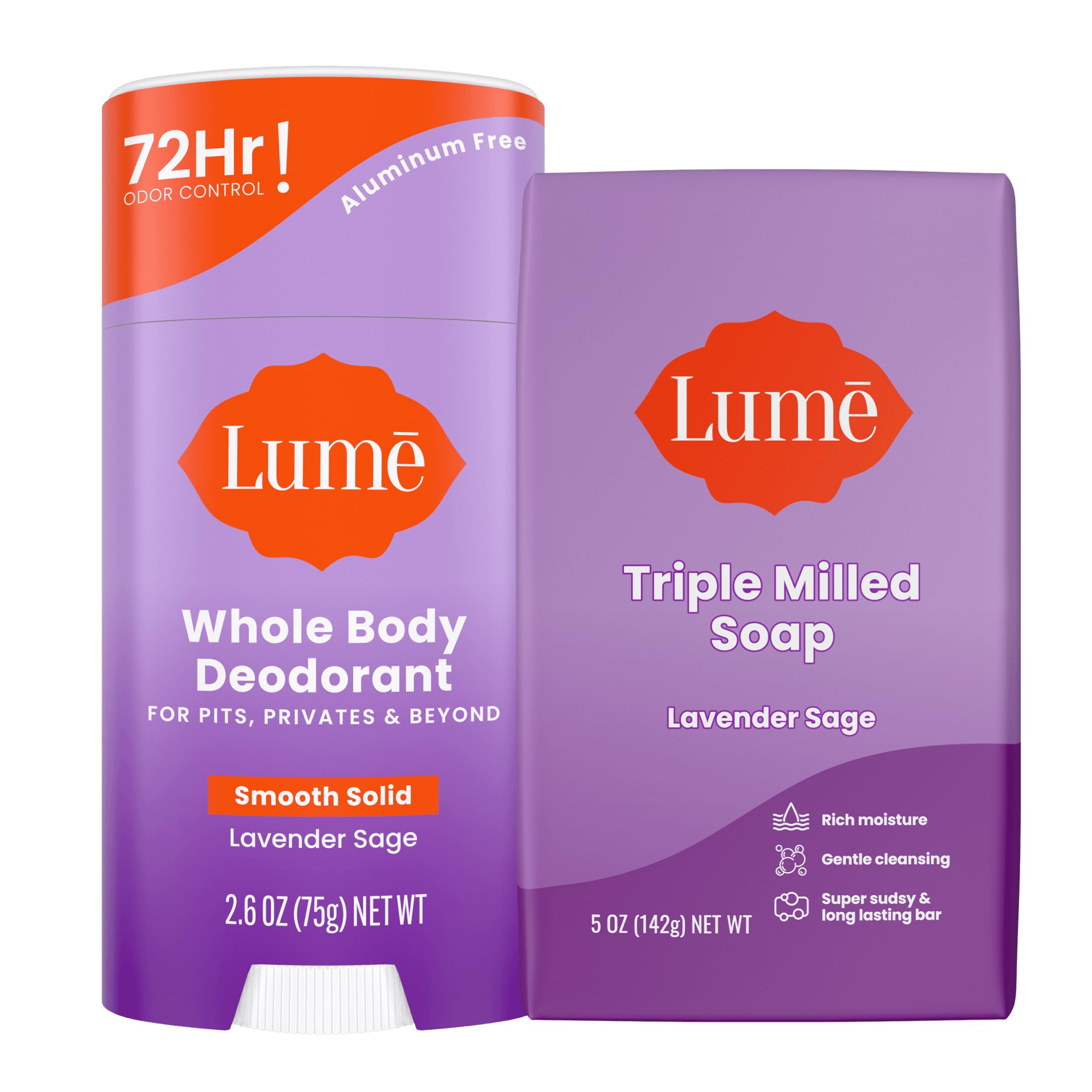 Lume deodorant smooth solid stick Lavender Sage application shows glide and long-lasting odor control
