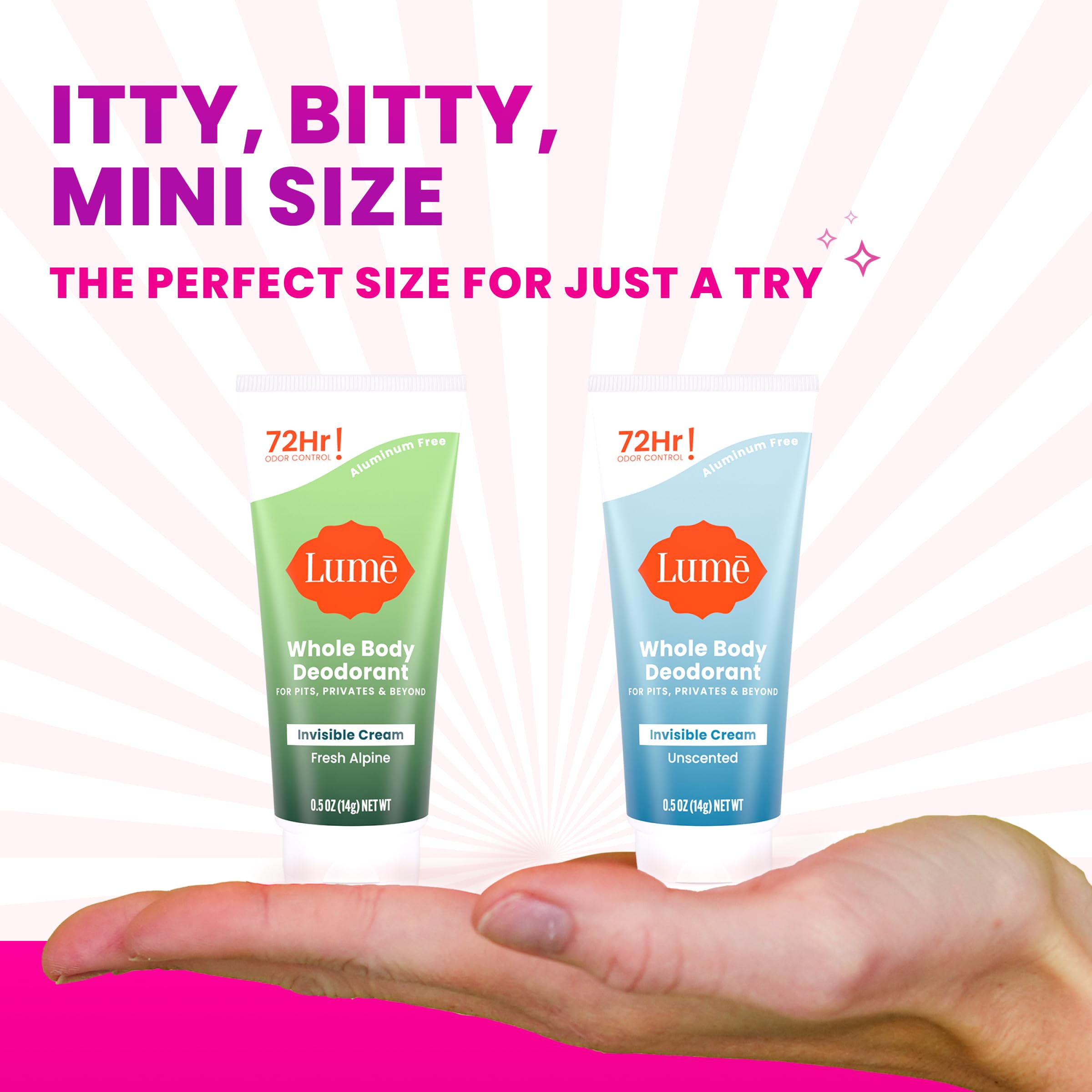 Lume Fresh Alpine trial size tubes displayed for travel freshness.