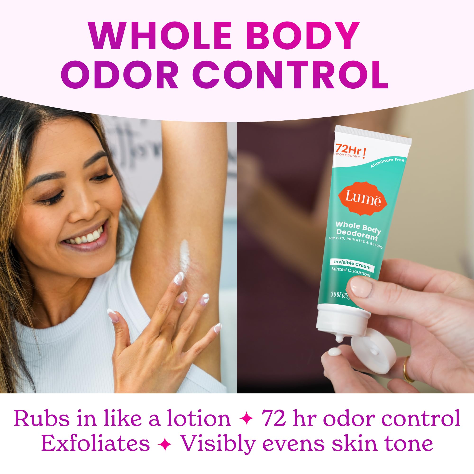Lume mild formula for sensitive parts—hypoallergenic and baking soda-free—skin-safe.