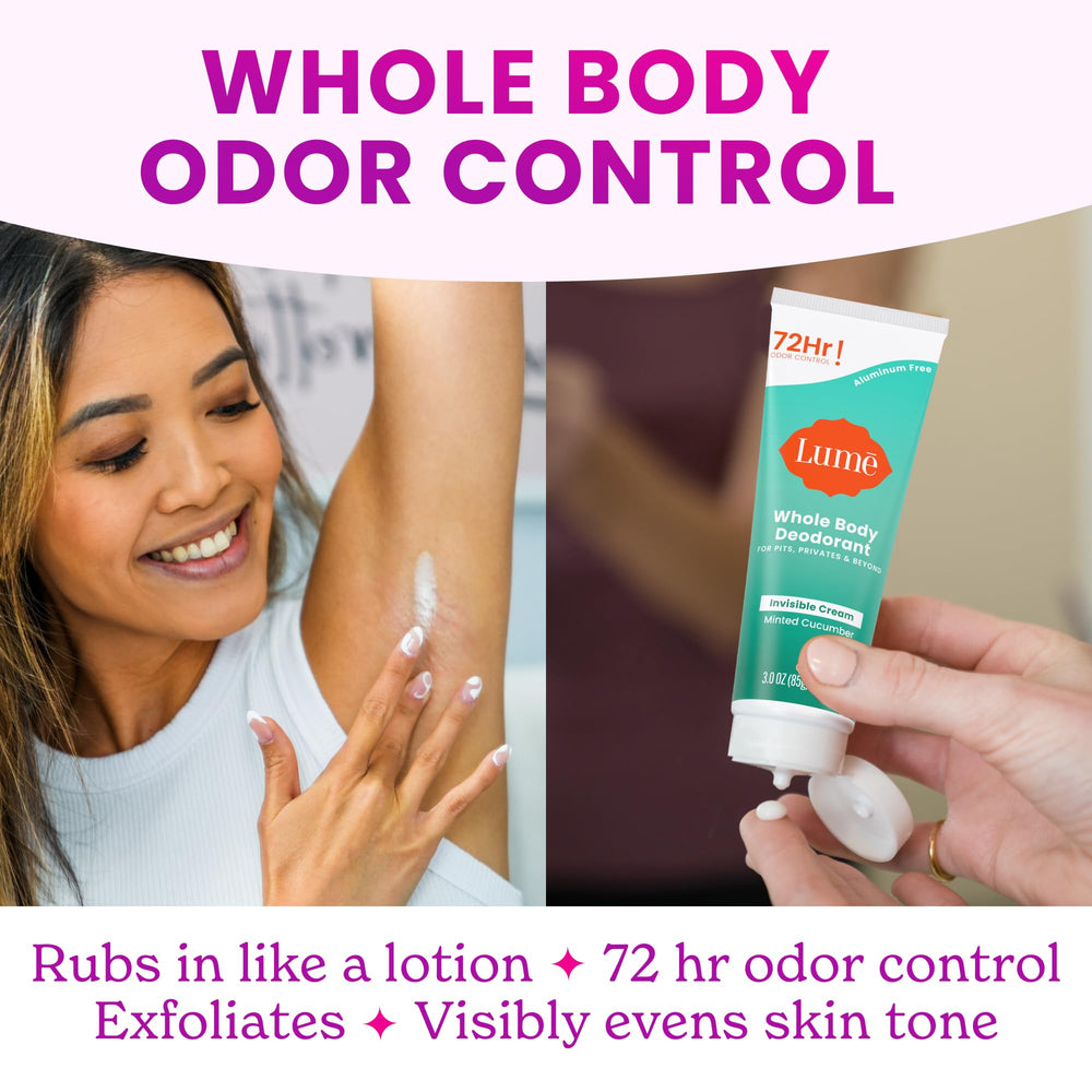 Lume mild formula for sensitive parts—hypoallergenic and baking soda-free—skin-safe.