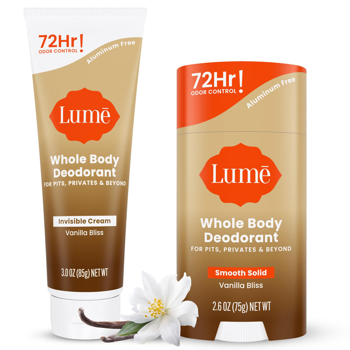 Lume invisible cream tube in Vanilla Bliss provides long-lasting odor control and skin-friendly formula.