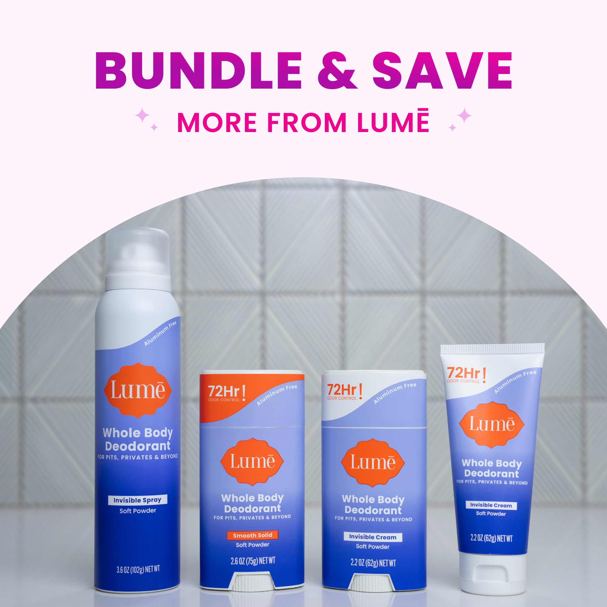 Lume bottle highlights clear spray and aluminum-free formula.