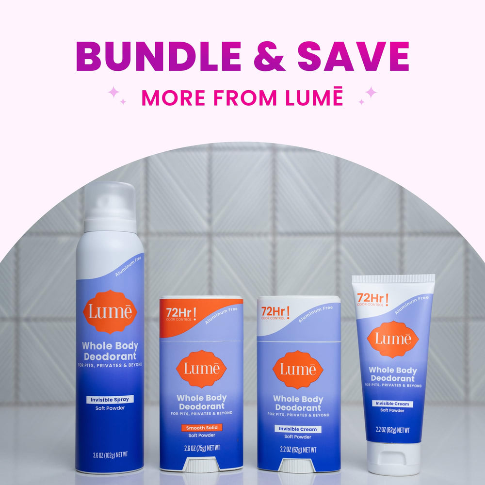 Lume bottle highlights clear spray and aluminum-free formula.