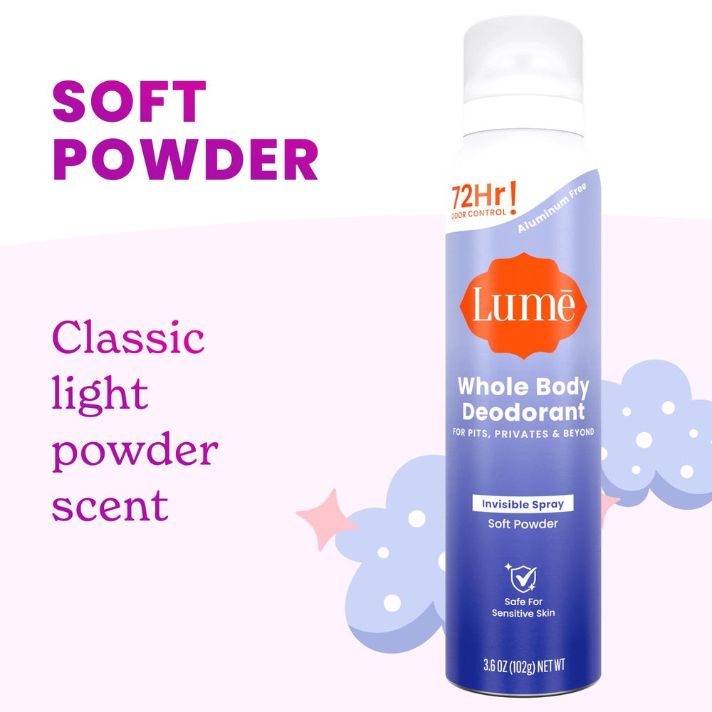 Lume Soft Powder scent visible on bottle for gentle freshness.