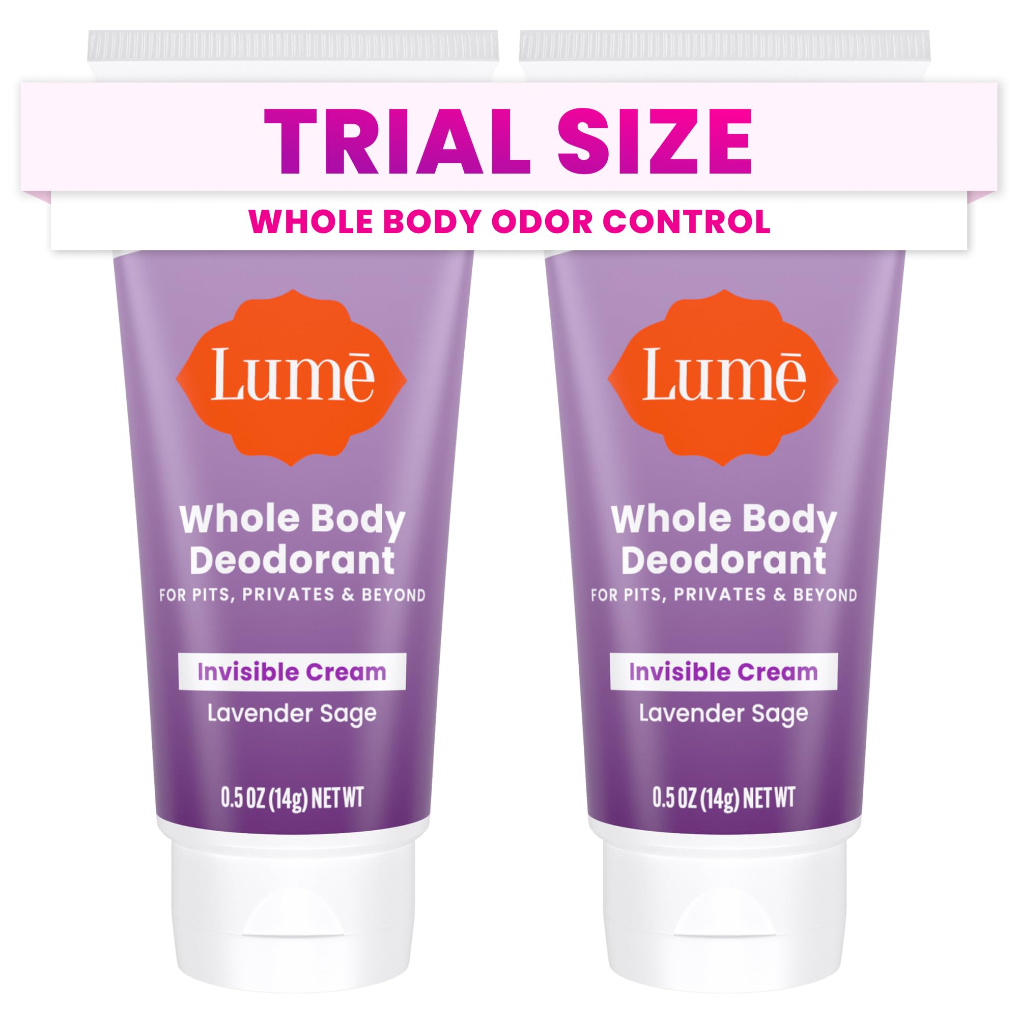 Lume Lavender Sage travel-tube close-up highlighting smooth glide for odor control.