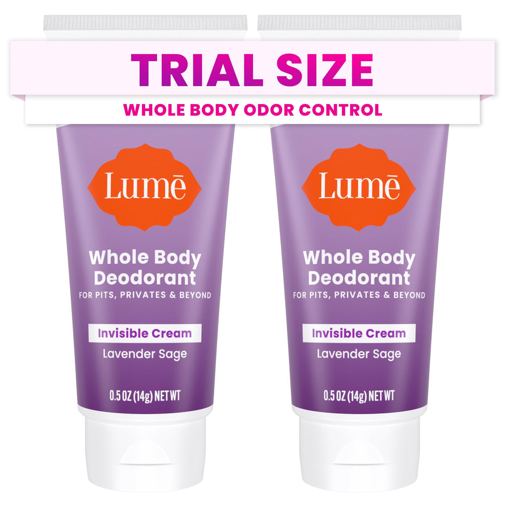 Lume Lavender Sage travel-tube close-up highlighting smooth glide for odor control.