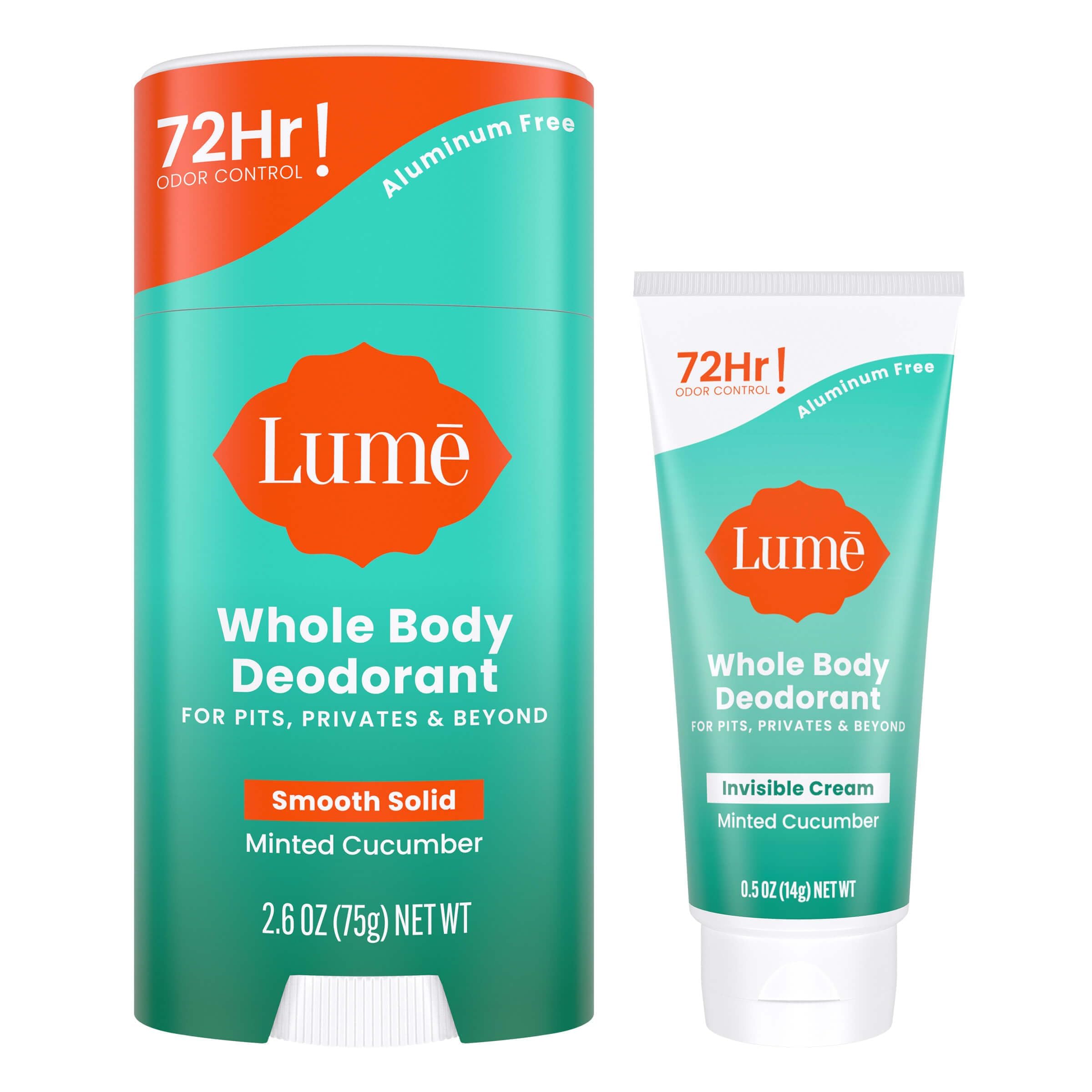 Lume mini tube mint cucumber application shows first-step odor prevention for all-day freshness.