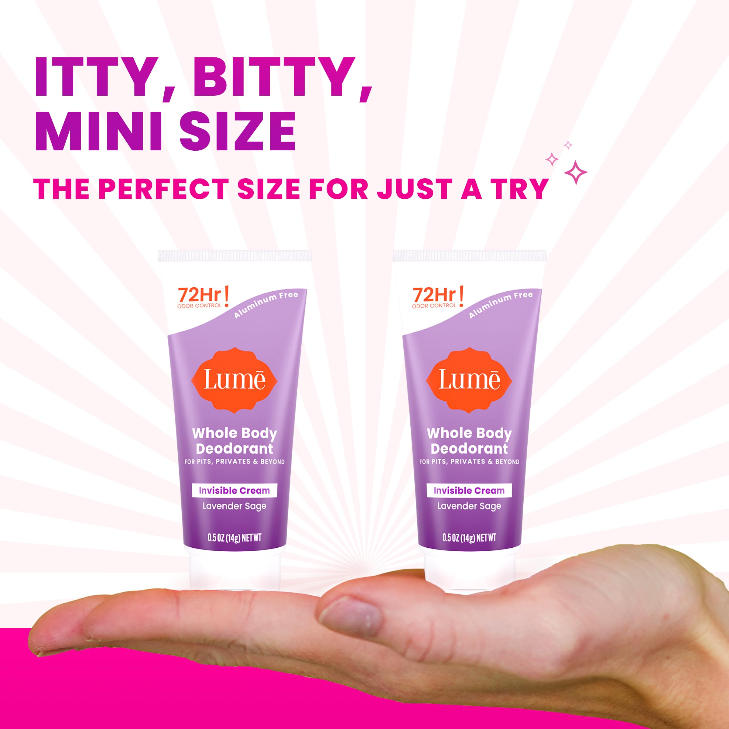 Lume pack-of-2 deodorant travel-size display emphasizes portability for on-the-go freshness.