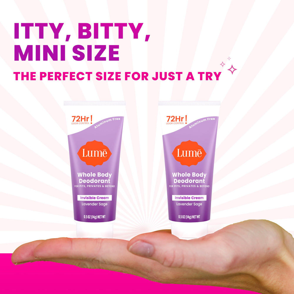 Lume pack-of-2 deodorant travel-size display emphasizes portability for on-the-go freshness.
