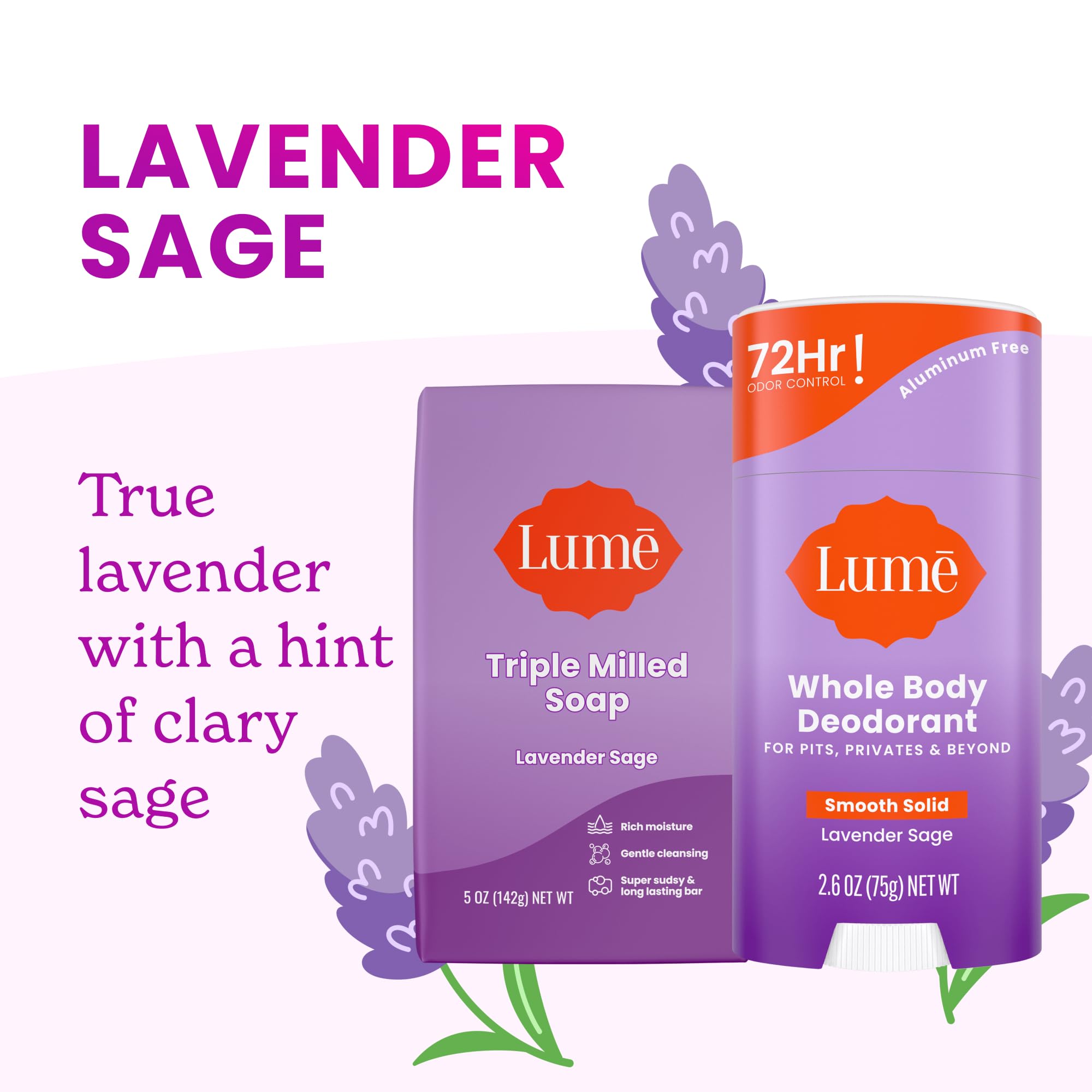 Lume packaging Lavender Sage label emphasizing aluminum-free and baking-soda-free promises